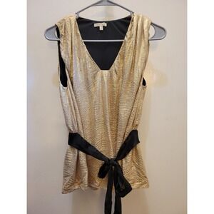 Under Skies Gold Metallic‎ V-Neck Sleeveless Top with Black Waist Tie Small 208